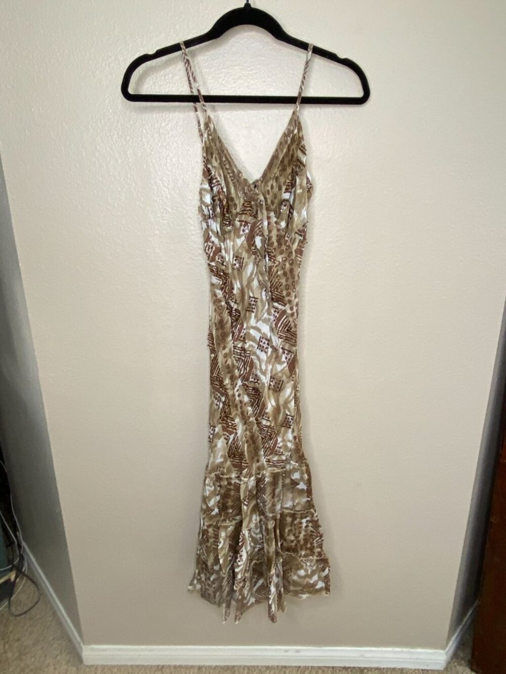 Temptation Womens Brown Animal Print Maxi Dress M Spaghetti Straps Flowy Rayon